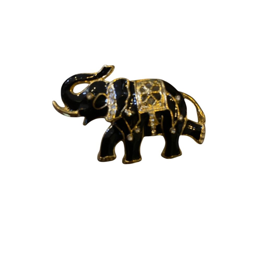 Vintage Black Enamel Lucky Elephant Brooch Gold Tone Rhinestone Accent Office